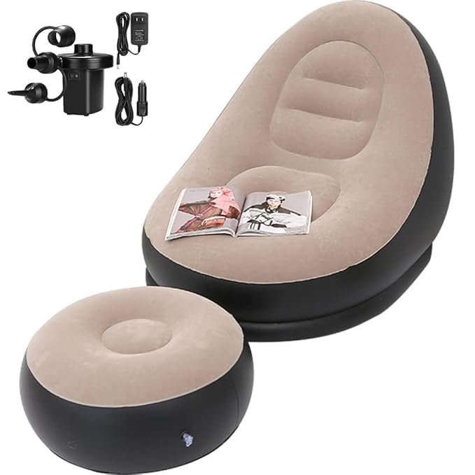 2-in-1 Lounge Bed Set Inflatable Leisure Sofa Chair and Footstool, for Indoor & Outdoor Use Camping Beach Picnic (with Electric Air Pump)
