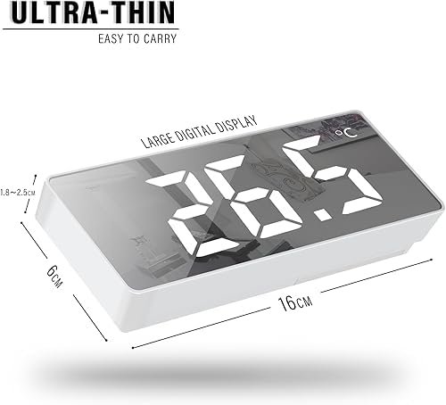 LED Mirror Digital Alarm Clock with Temperature Display – 12/24H Time Format, 3-Level Adjustable Brightness, Power-Saving Mode (White LED) - Image 7