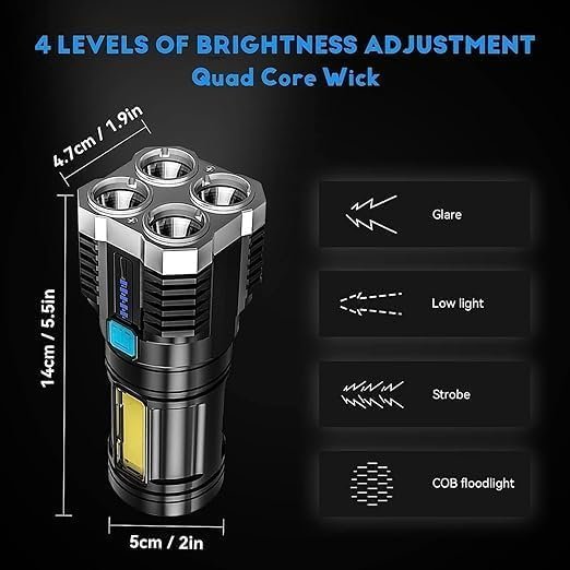 4-in-1 LED Torch Lights Rechargeable Emergency Torch Light 3W USB Charge Flashlight - High Power Long Distance Beam Range 4 Mode Torch for Outdoor, Indoor, Hiking, Walking, Camping (Multi) - Image 6