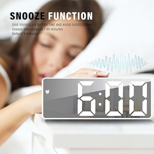 LED Mirror Digital Alarm Clock with Temperature Display – 12/24H Time Format, 3-Level Adjustable Brightness, Power-Saving Mode (White LED) - Image 6