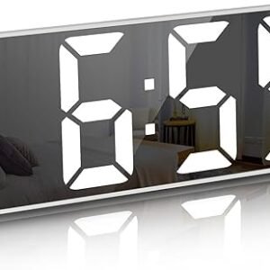 LED Mirror Digital Alarm Clock with Temperature Display – 12/24H Time Format, 3-Level Adjustable Brightness, Power-Saving Mode (White LED)
