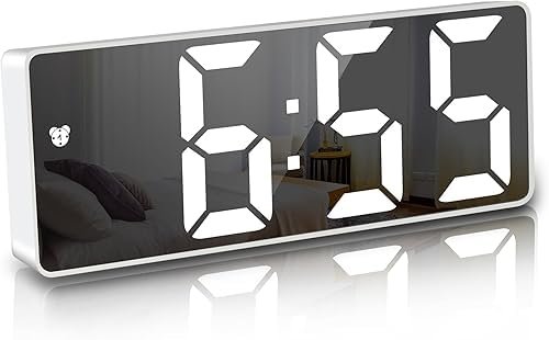LED Mirror Digital Alarm Clock with Temperature Display – 12/24H Time Format, 3-Level Adjustable Brightness, Power-Saving Mode (White LED)