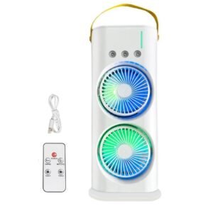 Double Ended Spray Fan with Dual Cooling Fans & Mist Function, Portable Air Cooler with LED Lights, Swing Mode, Remote Control, Rechargeable Design for Home, Office & Outdoor Use
