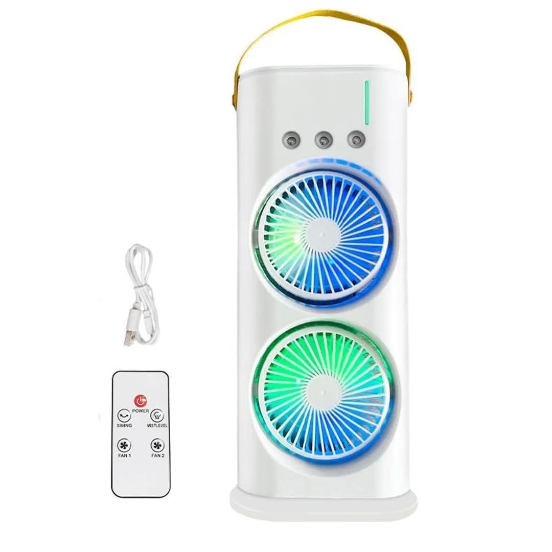 Double Ended Spray Fan with Dual Cooling Fans & Mist Function, Portable Air Cooler with LED Lights, Swing Mode, Remote Control, Rechargeable Design for Home, Office & Outdoor Use