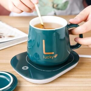 Portable Electric Coffee Cup Warmer with Ceramic Mug & Spoon - Thermostatic Heating Coaster, Office Desk Cup Heater Pad for Tea, Coffee, Milk – Gift Set