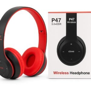 Premium Wireless Headset P47 Bluetooth Over-Ear Headphones with Mic, SD Card & AUX,Foldable Design, Deep Bass & Long Battery Life (Red)