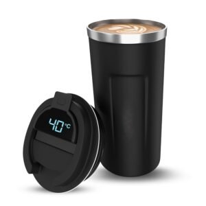 Digital Temperature Display Coffee Travel Mug 500ml | Stainless Steel Vacuum Insulated Thermos Flask | Leak-Proof Portable Coffee Cup for Travel & Office (Black)