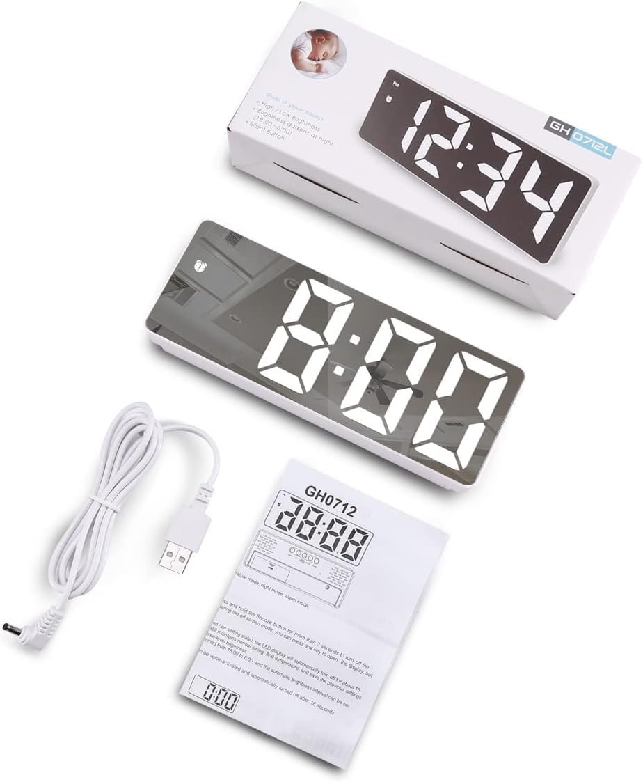 LED Mirror Digital Alarm Clock with Temperature Display – 12/24H Time Format, 3-Level Adjustable Brightness, Power-Saving Mode (White LED) - Image 2