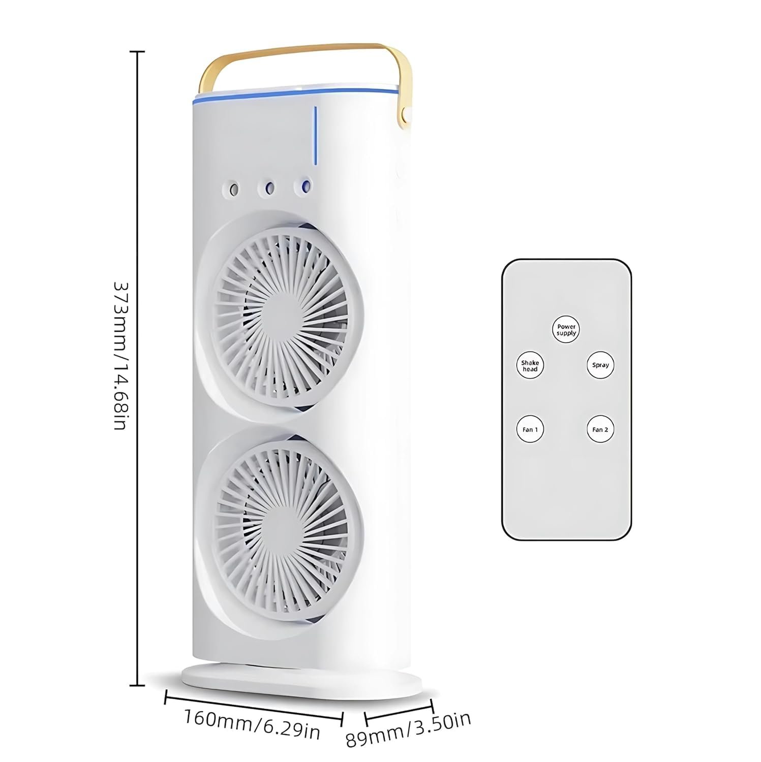 Play Plus Spray Fan – Portable Air Cooler with Mist Function, Dual Fan Cooling, LED Light Display, Remote Control, Swing Mode, Rechargeable Design, White & Blue - Image 3