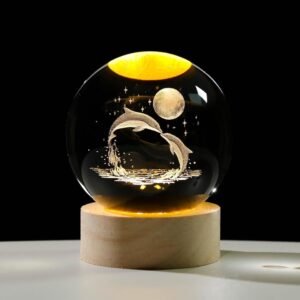 Crystal 3D Galaxy Ball |Night Light |Table Lamp |Dimmable Engraved LED Glass Ball |with USB and Wooden Base for Home Decor|Birthday Gift|Office|Gift & Kids Bedroom (Dolphin)