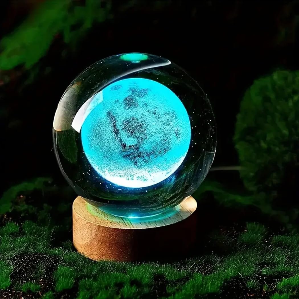 3D Moon Crystal Ball Lamp with Automatic Light Changing LED Wooden Base - Moon System Night Light, 3D Crystal Ball, Moons Night Lamp, Galaxy Crystals Balls (16 Color) - Image 3