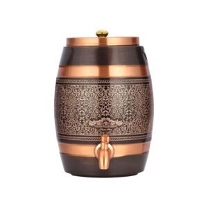 Company Pure Copper Water Dispenser – 5 Litre Antique Engraved Barrel | Handcrafted Etching Work | Ayurveda Copper Storage Pot for Home, Office & Kitchen