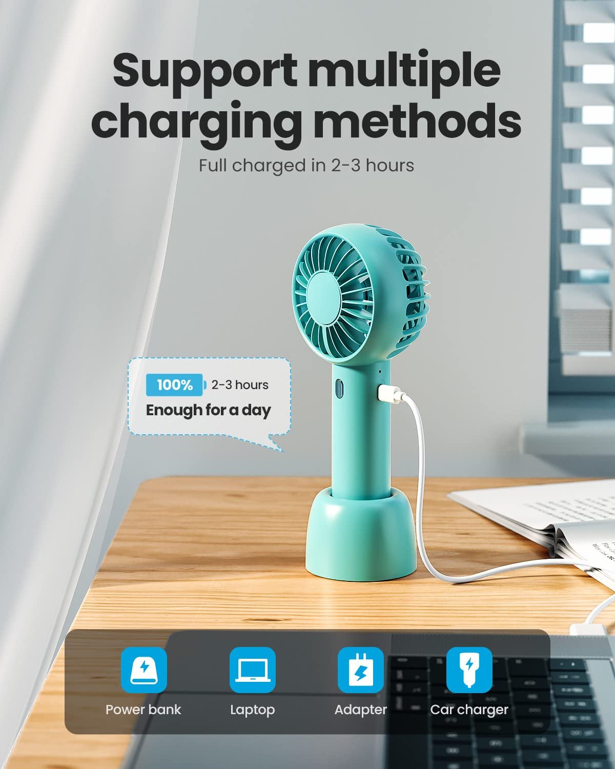 Mini Portable Fan, Powerful Hand Fan Cute Design 3 Speed Dual Motors Personal Small Desk Fan with Base, Lightweight Rechargeable USB Handheld Fan for Stylish Girl Women Men Indoor Outdoor - Image 3