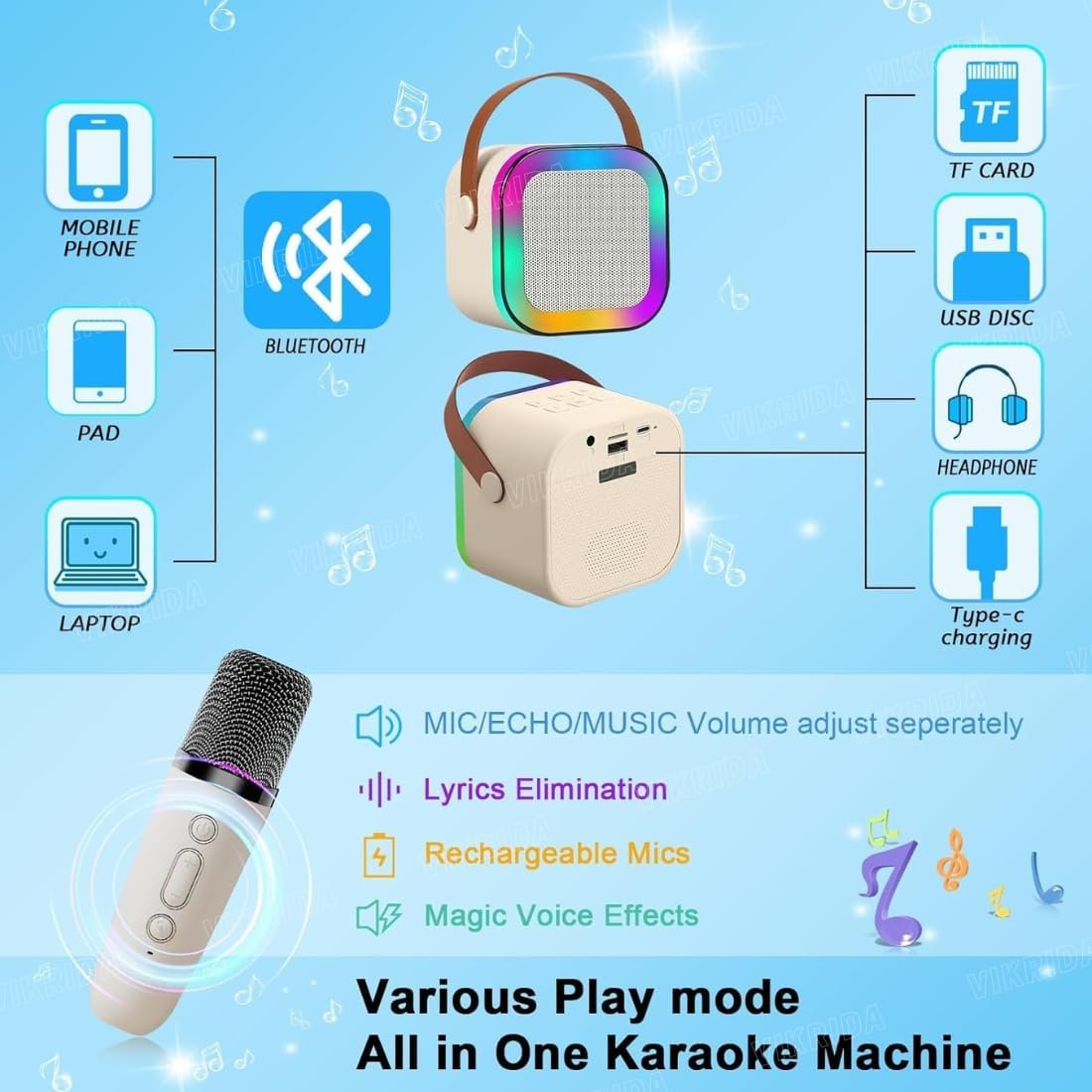 Mini Karaoke Machine for Kids & Adults,Portable Bluetooth Speaker with 1 Wireless Karaoke Microphone,Music Toys Christmas Birthday Gifts for Girls & Boys 4,5,6,7,8,9,10,11,12 Year Old. - Image 9