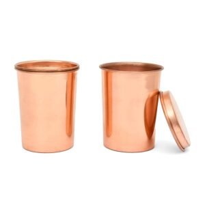 Handmade Pure Copper Plane Glass with Lid Copper Plane Design Tumbler Drinkware Serveware Capacity-300 ml Each (Set of 2)