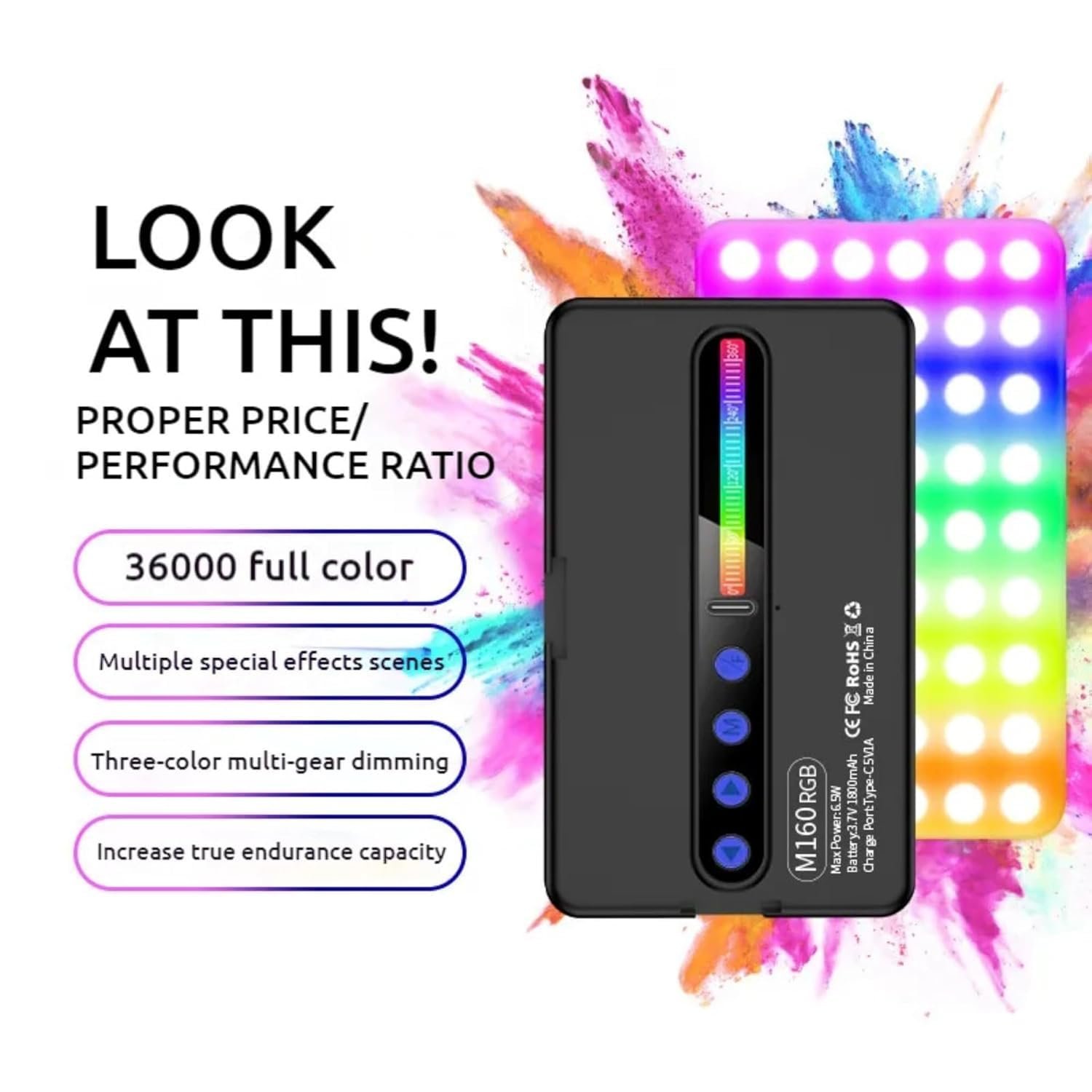 M160 RGB Portable Pocket Camera Light Dimmable Panel Lamp | Full Color 2700-6500k 6.5W for Phone Photography Video Led Light 1800 mAh for Zoom Calls/Live Stream/Selfies/Makeup - Image 3