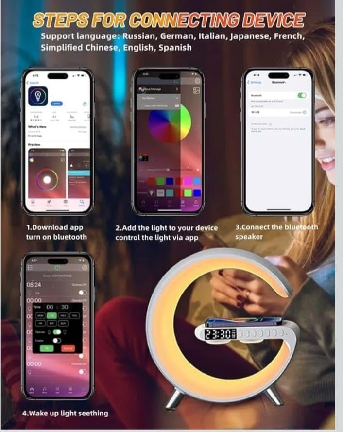 G Speaker Lamp - APP Control 3 in 1 Multi-Function Bluetooth Speaker with Wireless Fast Charging, RGB Light and Sunrise Alarm Clock for Bedroom & Bedside Table - Image 6