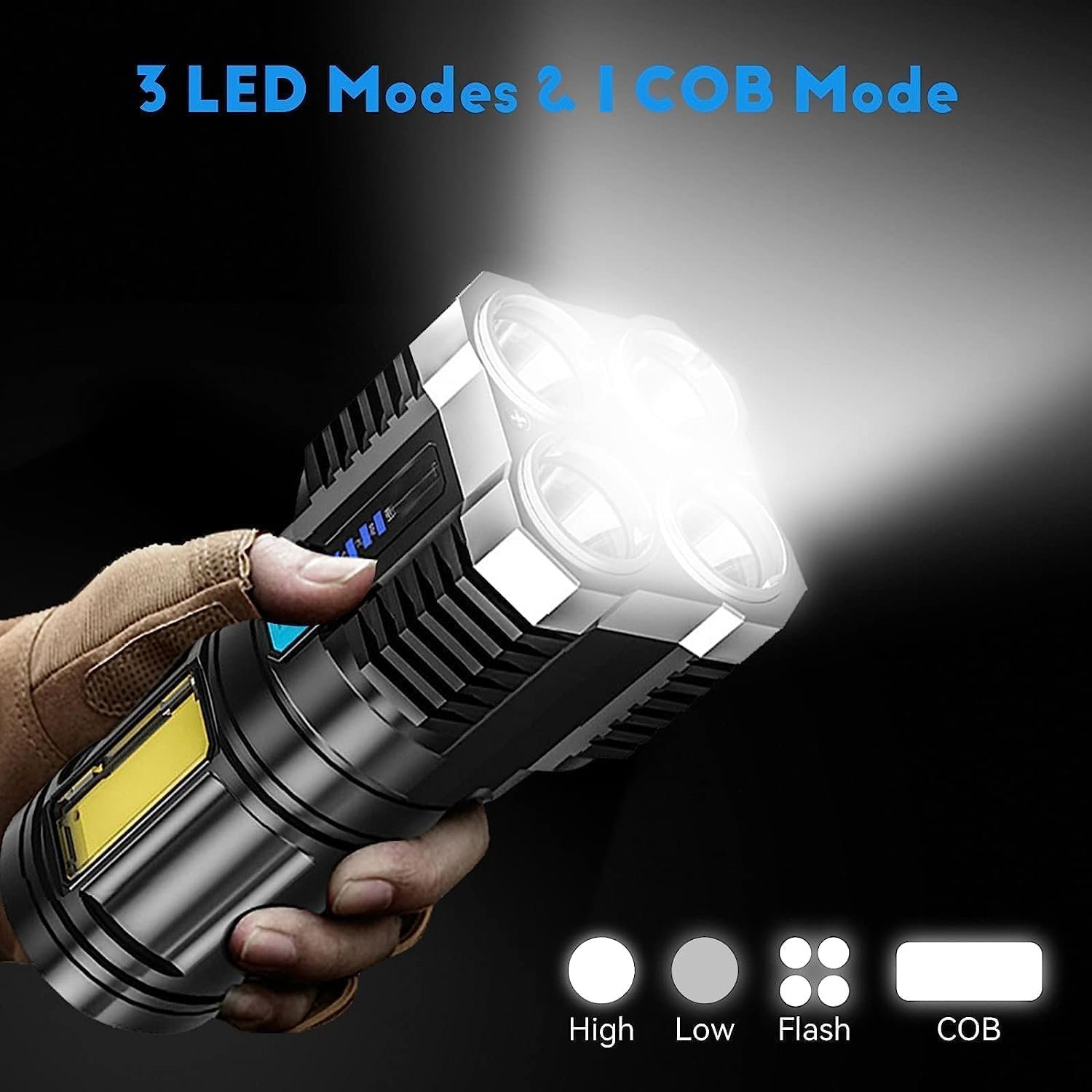 4-in-1 LED Torch Lights Rechargeable Emergency Torch Light 3W USB Charge Flashlight - High Power Long Distance Beam Range 4 Mode Torch for Outdoor, Indoor, Hiking, Walking, Camping (Multi) - Image 9