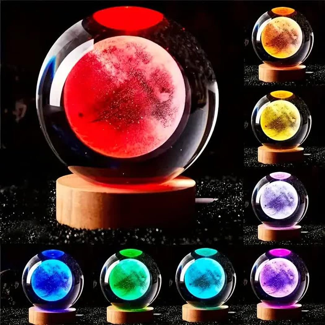 3D Moon Crystal Ball Lamp with Automatic Light Changing LED Wooden Base - Moon System Night Light, 3D Crystal Ball, Moons Night Lamp, Galaxy Crystals Balls (16 Color) - Image 7