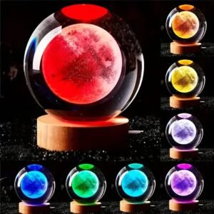 3D Moon Crystal Ball Lamp with Automatic Light Changing LED Wooden Base - Moon System Night Light, 3D Crystal Ball, Moons Night Lamp, Galaxy Crystals Balls (16 Color)