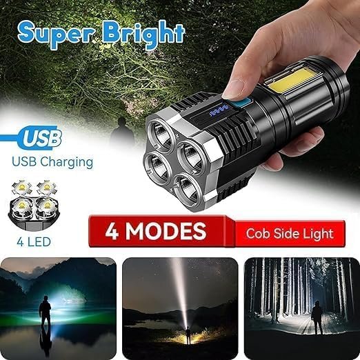 4-in-1 LED Torch Lights Rechargeable Emergency Torch Light 3W USB Charge Flashlight - High Power Long Distance Beam Range 4 Mode Torch for Outdoor, Indoor, Hiking, Walking, Camping (Multi) - Image 8