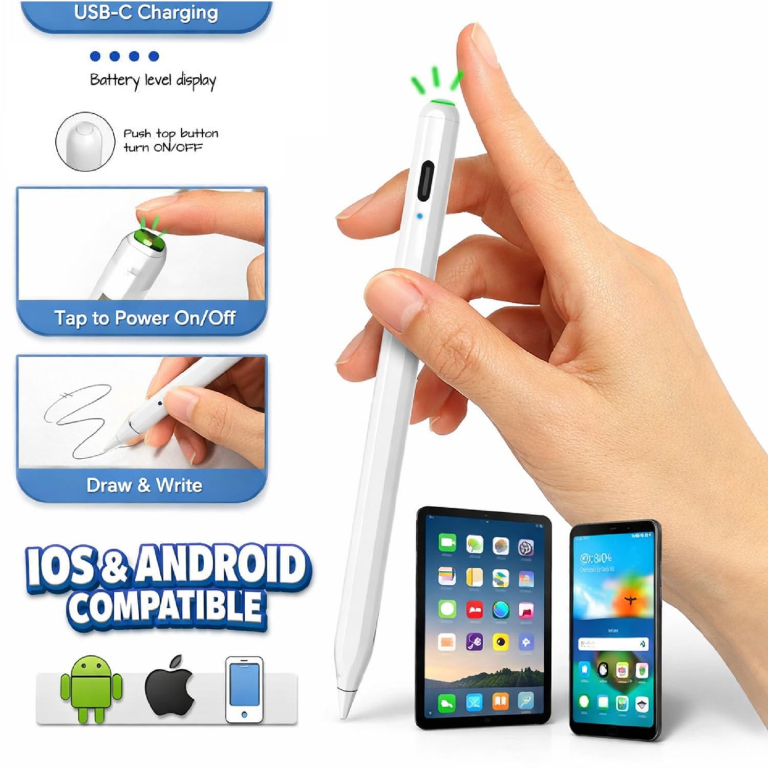Universal Stylus Pen for Touchscreens, Rechargeable Fine Tip Digital Pen for Writing, Drawing & Note-Taking, Works with Android and iOS Devices (White) - Image 8