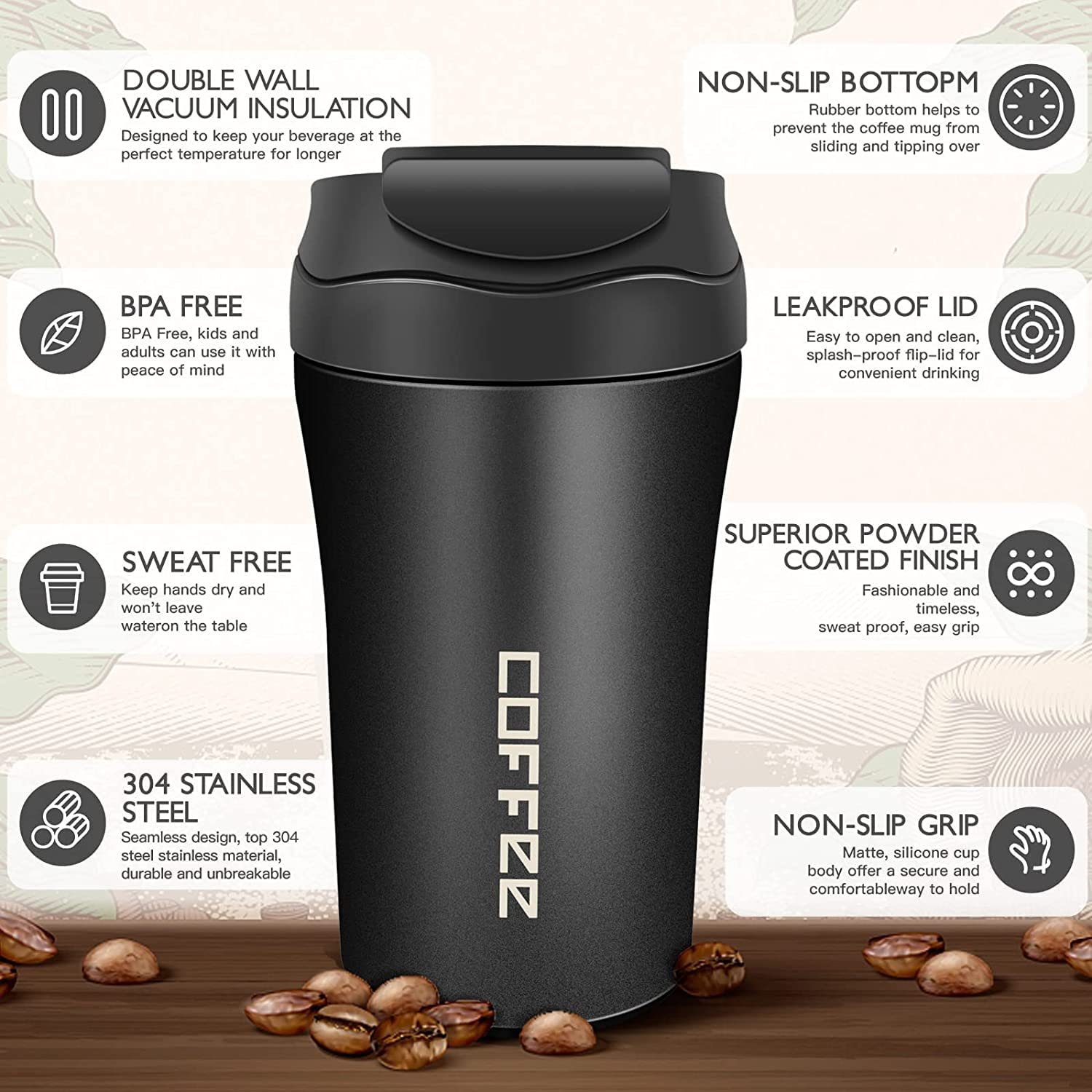 400ML Leak Proof Coffee Tumbler with Dual Drink Facility Sip and Straw Lid 304 Stainless Steel Insulated Mug for Hot and Cold Drinks-400ml-Black - Image 8