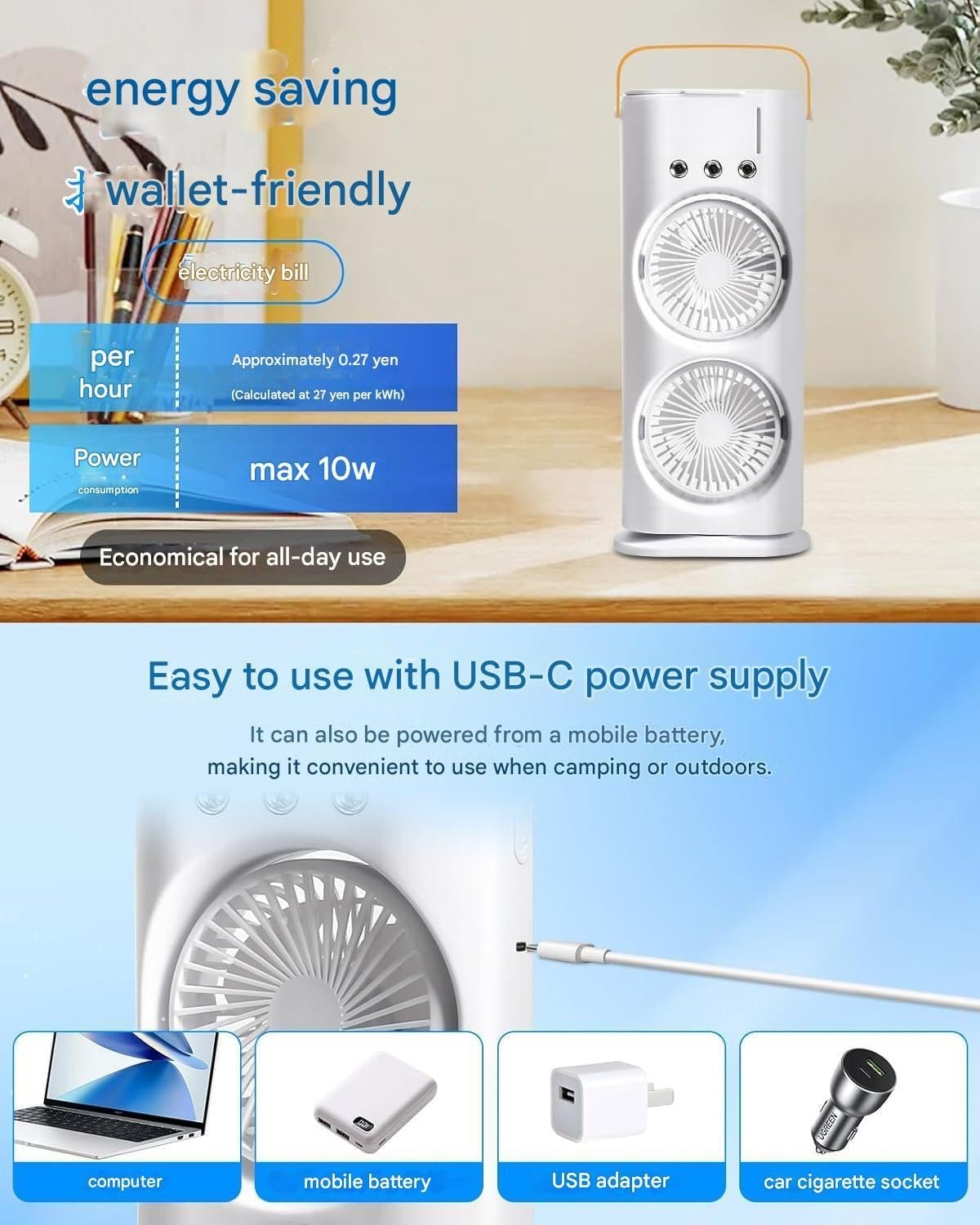 Play Plus Spray Fan – Portable Air Cooler with Mist Function, Dual Fan Cooling, LED Light Display, Remote Control, Swing Mode, Rechargeable Design, White & Blue - Image 9