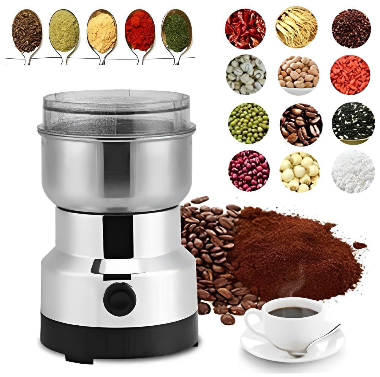 150W Portable Mixer Grinder, Electric Coffee & Spice Grinder with Stainless Steel Jar, Compact Multipurpose Grinding Machine for Coffee Beans, Spices, Nuts, Grains & Herbs for Home Kitchen Use