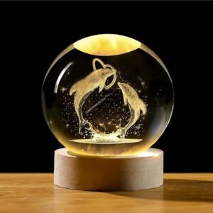 3D Dolphin Love Crystal Ball Night Light for Kids Engraved Lamp with Wooden Base Fantasy Decoration LED Bedroom Décor USB Table Light for Love Romantic Home Office Birthday Gift (Dolphin Love)