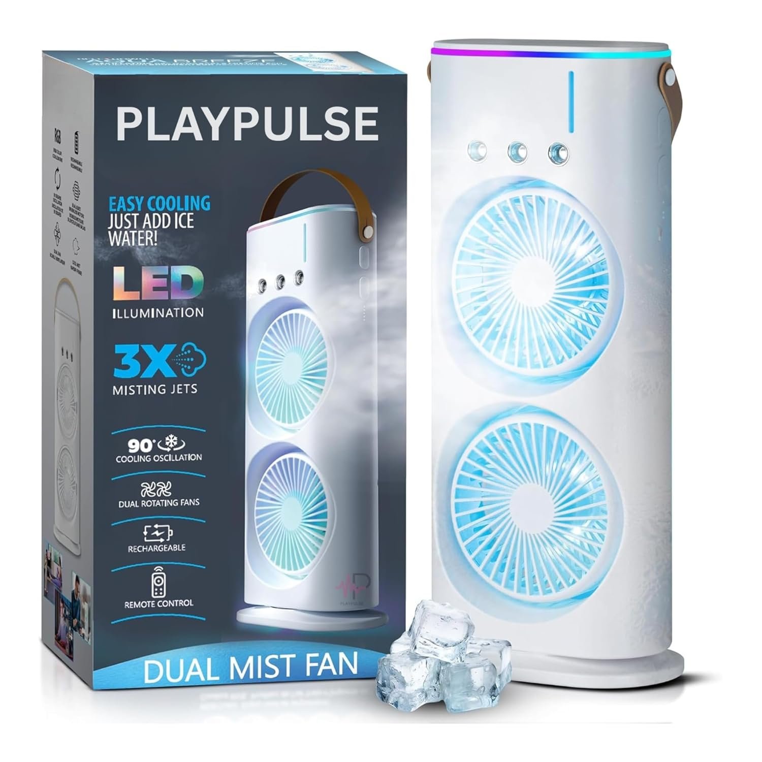 Play Plus Spray Fan – Portable Air Cooler with Mist Function, Dual Fan Cooling, LED Light Display, Remote Control, Swing Mode, Rechargeable Design, White & Blue