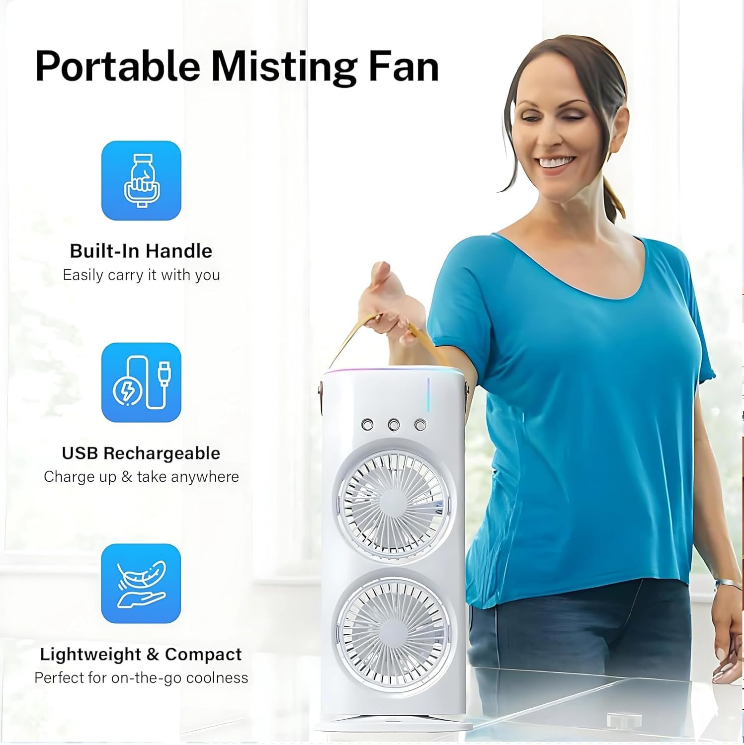 Play Plus Spray Fan – Portable Air Cooler with Mist Function, Dual Fan Cooling, LED Light Display, Remote Control, Swing Mode, Rechargeable Design, White & Blue - Image 4