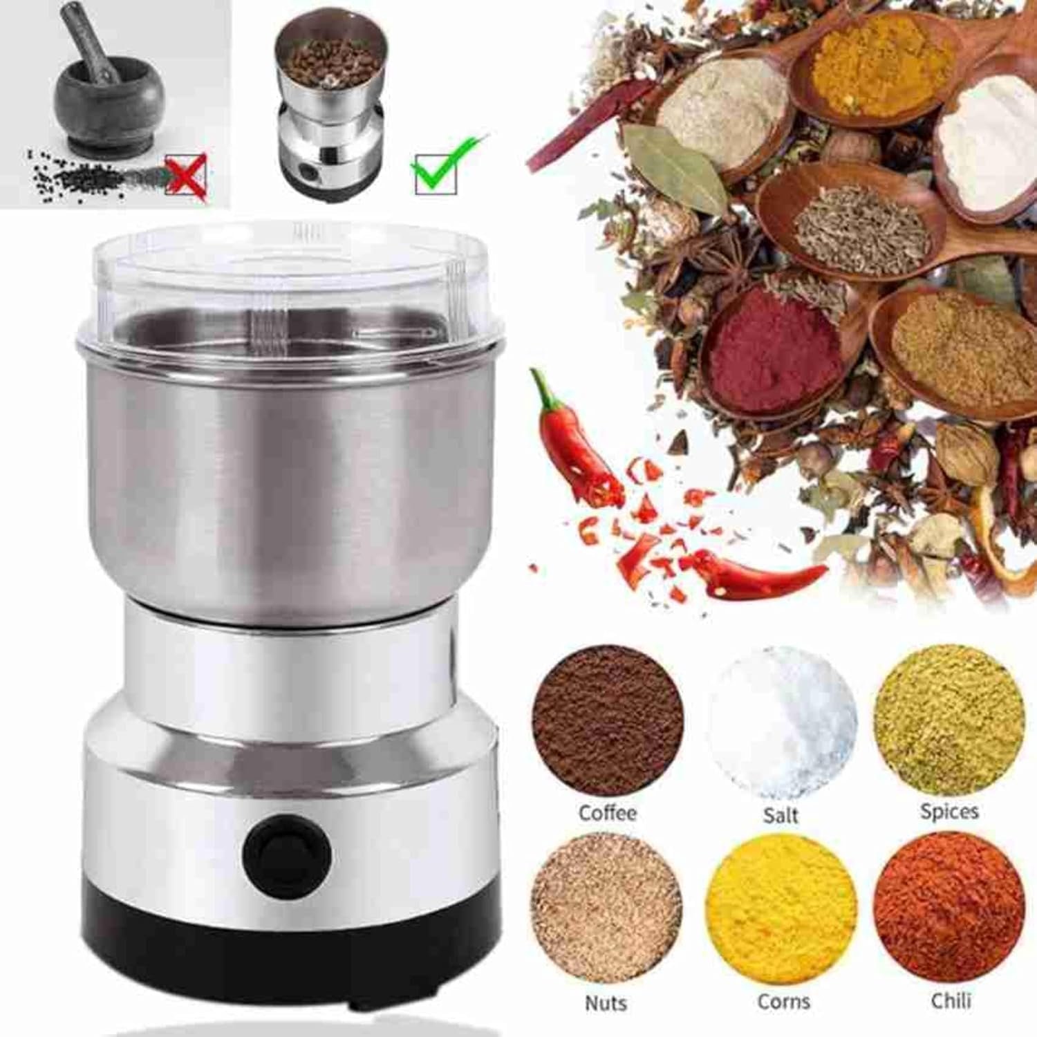 150W Portable Mixer Grinder, Electric Coffee & Spice Grinder with Stainless Steel Jar, Compact Multipurpose Grinding Machine for Coffee Beans, Spices, Nuts, Grains & Herbs for Home Kitchen Use - Image 5