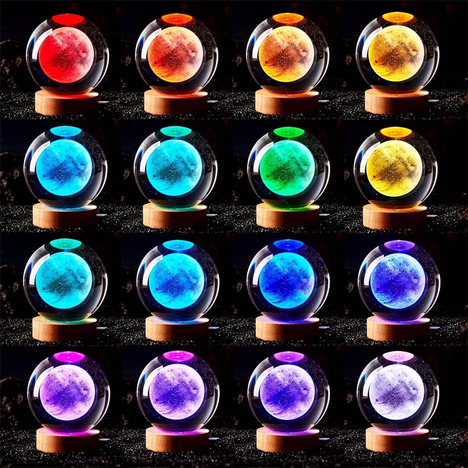 3D Moon Crystal Ball Lamp with Automatic Light Changing LED Wooden Base - Moon System Night Light, 3D Crystal Ball, Moons Night Lamp, Galaxy Crystals Balls (16 Color) - Image 6