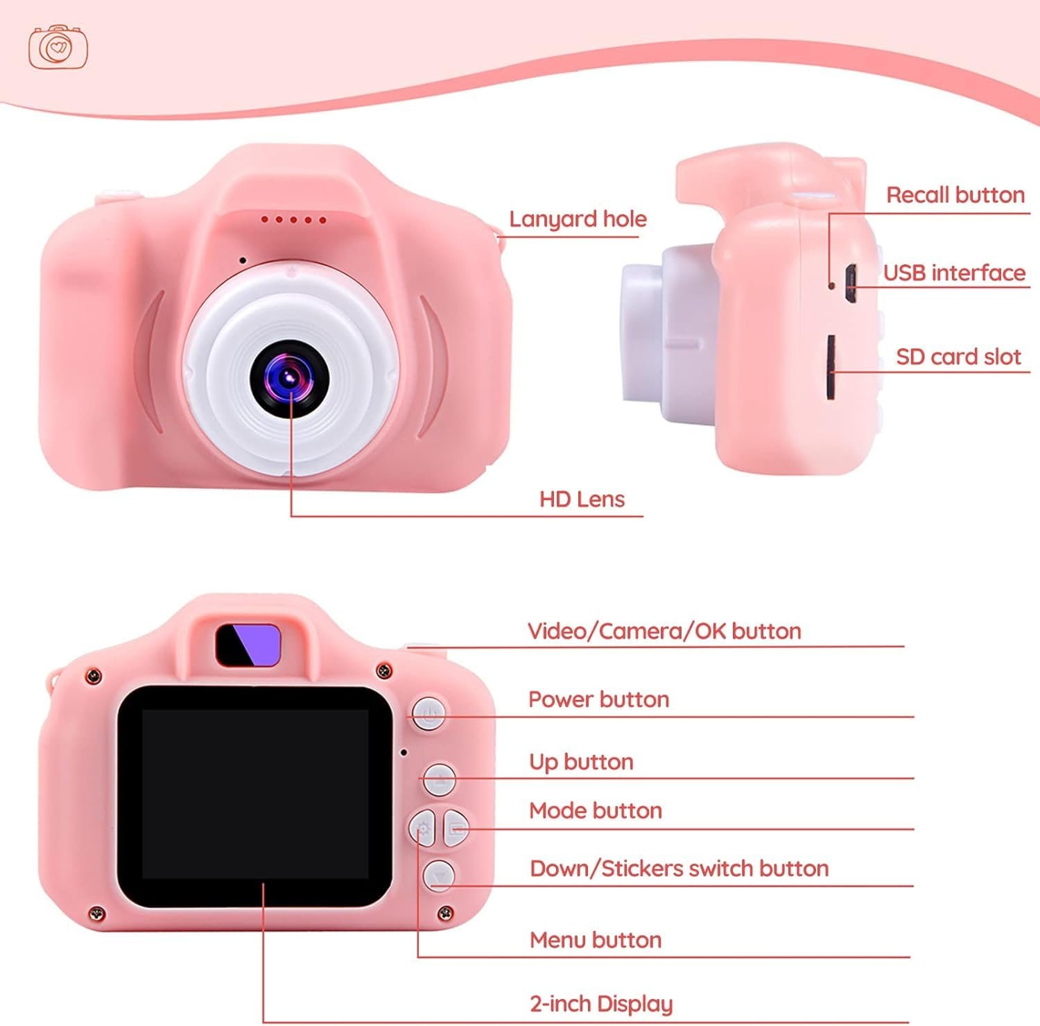 Kids Digital Camera for Children – Cute Pink Mini Toy Camera with LCD Screen, USB Rechargeable Battery, Wrist Strap Included, Easy-to-Use Buttons, Durable Lightweight Design, Fun Photography Camera Gift for Girls and Boys for Birthdays, Holidays, Travel, Outdoor Adventures, and Creative Learning Play