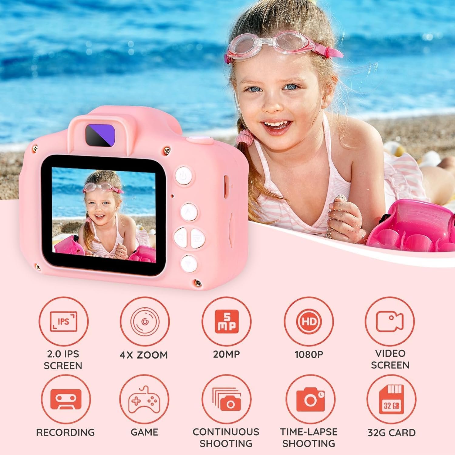 Kids Digital Camera for Children – Cute Pink Mini Toy Camera with LCD Screen, USB Rechargeable Battery, Wrist Strap Included, Easy-to-Use Buttons, Durable Lightweight Design, Fun Photography Camera Gift for Girls and Boys for Birthdays, Holidays, Travel, Outdoor Adventures, and Creative Learning Play - Image 6