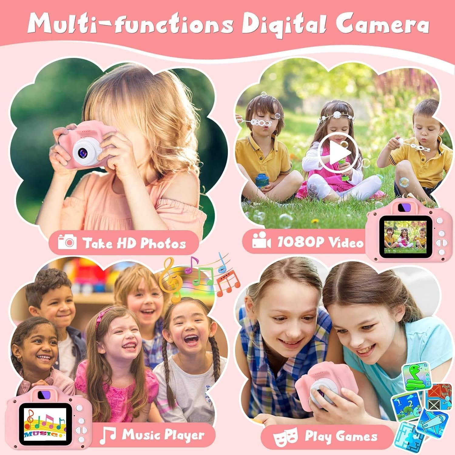 Kids Digital Camera for Children – Cute Pink Mini Toy Camera with LCD Screen, USB Rechargeable Battery, Wrist Strap Included, Easy-to-Use Buttons, Durable Lightweight Design, Fun Photography Camera Gift for Girls and Boys for Birthdays, Holidays, Travel, Outdoor Adventures, and Creative Learning Play - Image 3