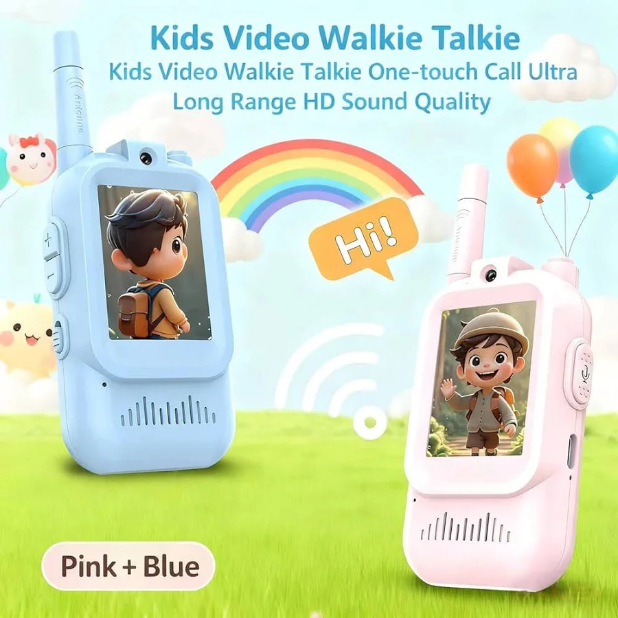 Kids Video Walkie Talkie with HD Screen, One-Touch Call, Long Range Two-Way Communication, Clear Sound, Cute Cartoon Design, Safe Wireless Toy for Boys & Girls, Pink & Blue Set