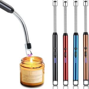 Gas Lighter, Candle, Arc Lighter with USB Charging, Flameless Windproof, Led Battery Display, Safety Switch, Rotate 360 Degrees for Aromatherapy, Candles, BBQ, Camping - Metal
