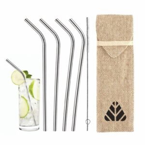 Stainless Steel Metal Straws Set with Cleaning Brush and Eco-Friendly Travel Pouch – BPA-Free, Dishwasher Safe, Durable Bent Drinking Straws for Smoothies, Cocktails, Juice & Iced Coffee – Sustainable Zero Waste Alternative