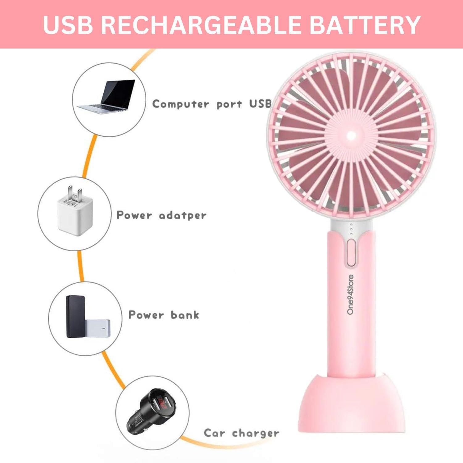 One94Store High Speed Portable USB Hand Fan, 4800 RPM, 1200mAh Rechargeable Battery, Up to 6H Runtime, 3 Speed Modes for Travel, Office & Makeup, Pink – Mini Fan, Hand Fan, Small Fan, USB Fan - Image 9