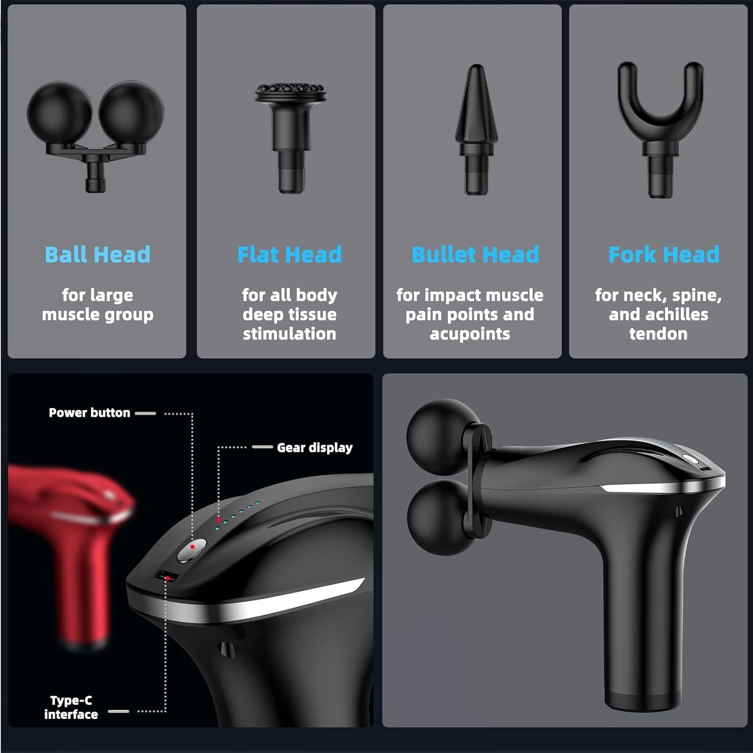 Massage Gun with Double Heads 6 Speed Levels Electric Portable Handheld Massager for Pain Relief Deep Tissue Muscles Neck Shoulders Waist Legs with 4 Massage Heads(Black) - Image 5