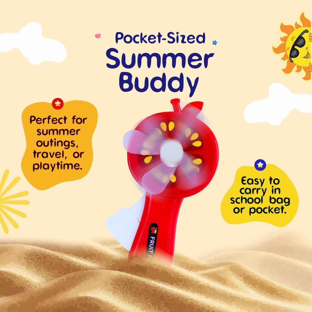 Mini Fruit Hand Fan for Kids – 4 Cute Designs (Watermelon, Kiwi, Orange, Apple) | Manual Squeeze Fan with Bigger Soft Blades, Strong Airflow | Safe, Portable Summer Toy - Image 3