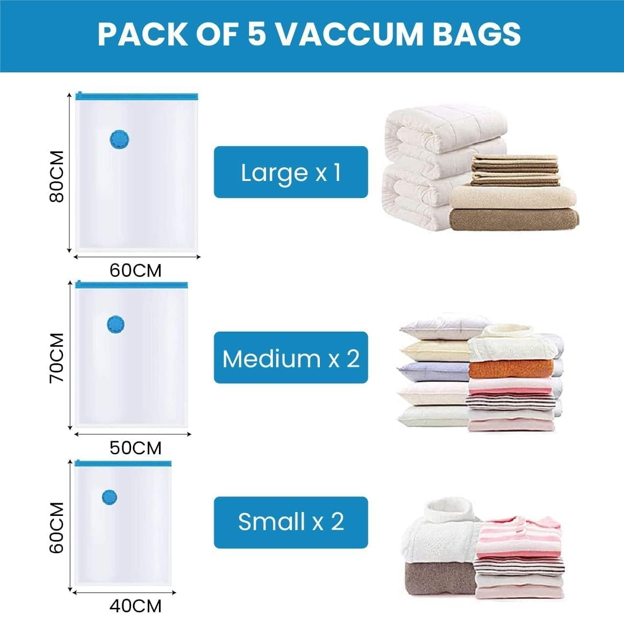 Vacuum Storage Bags for Clothes with Hand Pump – 5-Pack Space Saver Bags for Travel & Home – Self-Compression Organizer for Blankets, Comforters, Jackets & Sweaters (Vacuum Storage Bags) - Image 2