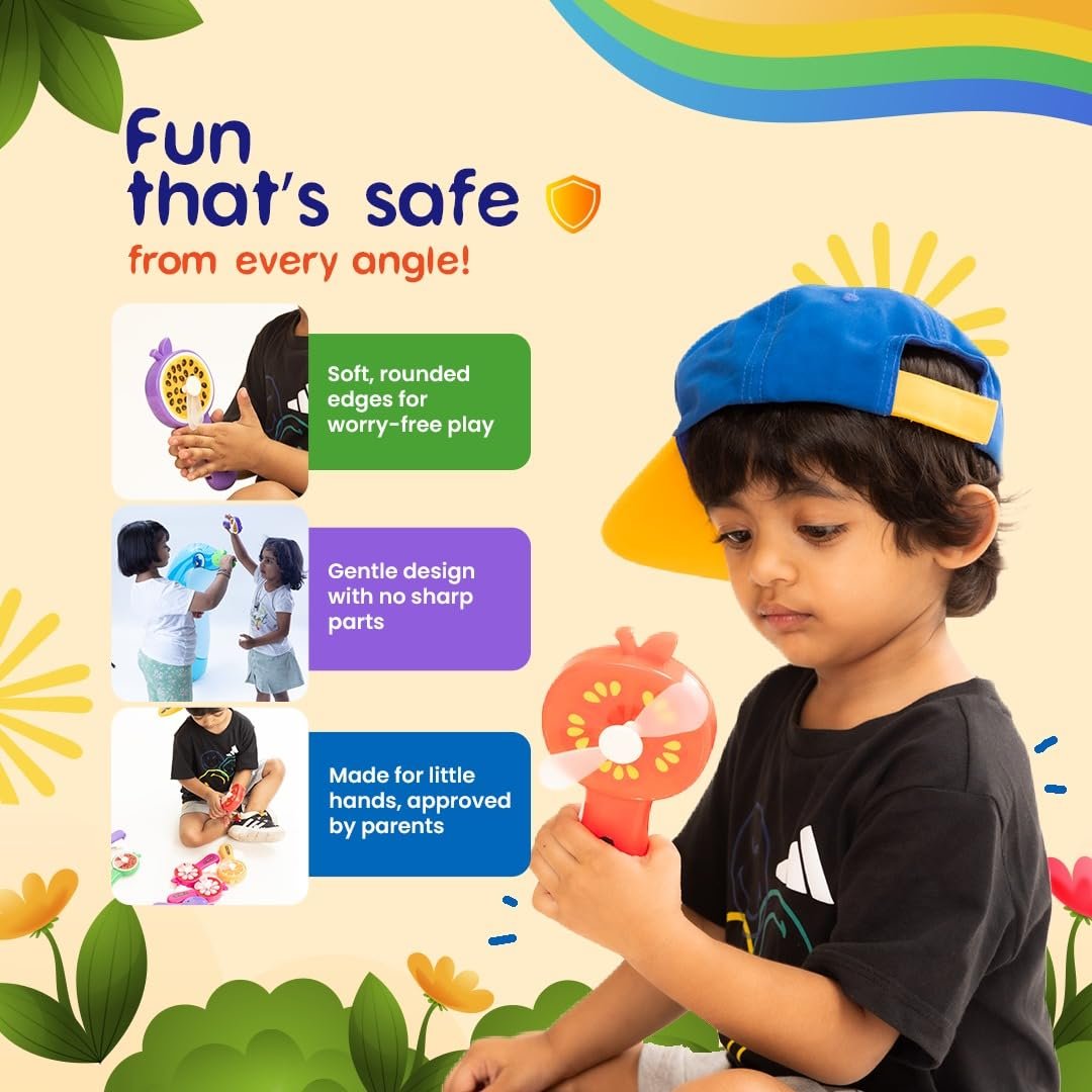 Mini Fruit Hand Fan for Kids – 4 Cute Designs (Watermelon, Kiwi, Orange, Apple) | Manual Squeeze Fan with Bigger Soft Blades, Strong Airflow | Safe, Portable Summer Toy - Image 4