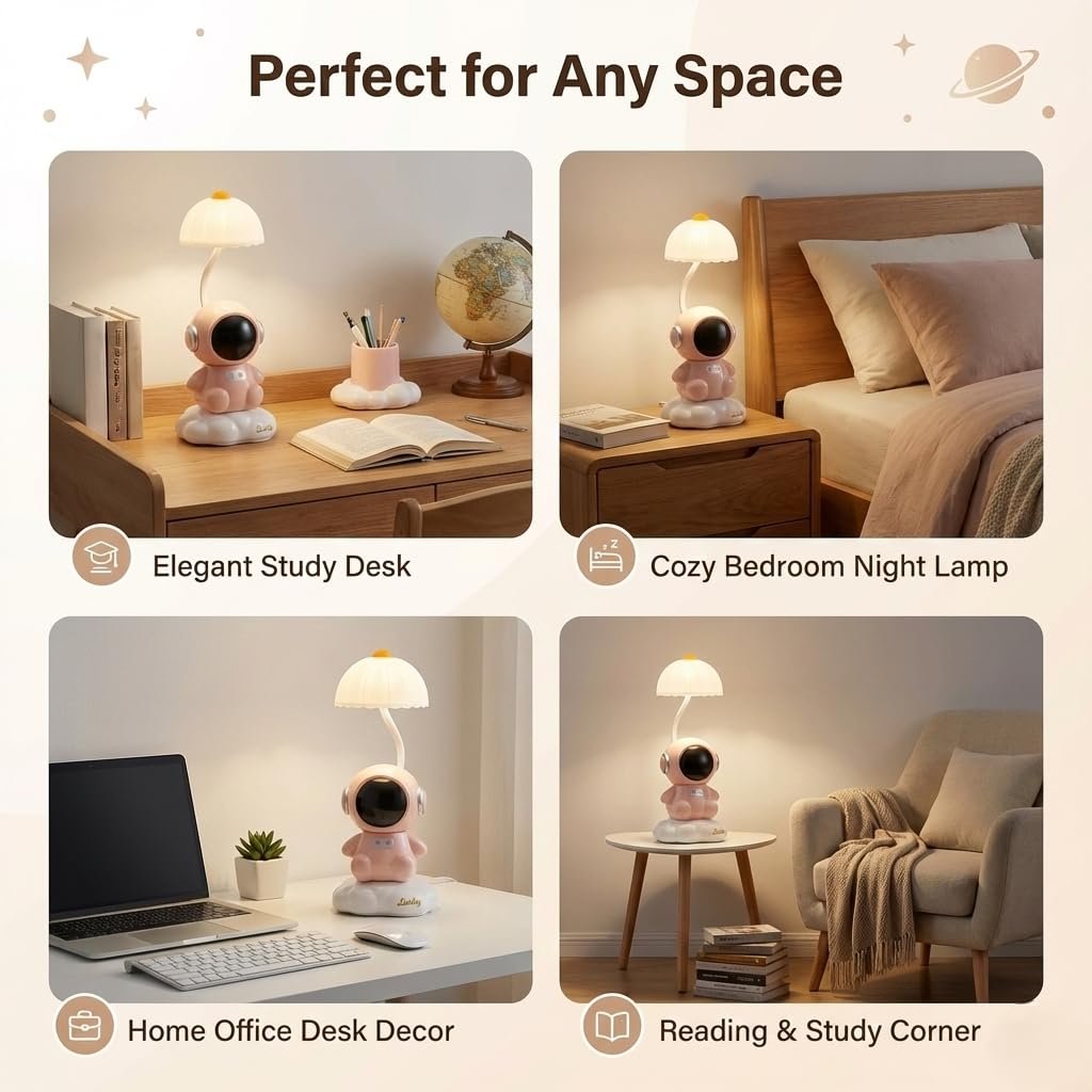 Astronaut Table Lamp with Pen Holder 3 Brightness Modes Rechargeable LED Desk Lamp for Kids Night Light for Bedroom Dim Light Side Table Gift for Kids & Students - Image 7