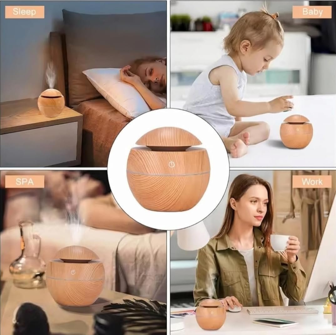 Round Wooden Humidifier Ultrasonic Cool Mist Aroma Diffuser with LED Night Light Portable USB Air Humidifier for Home, Office, Bedroom, Yoga Stylish Wood Grain Design (Multicolor) - Image 3