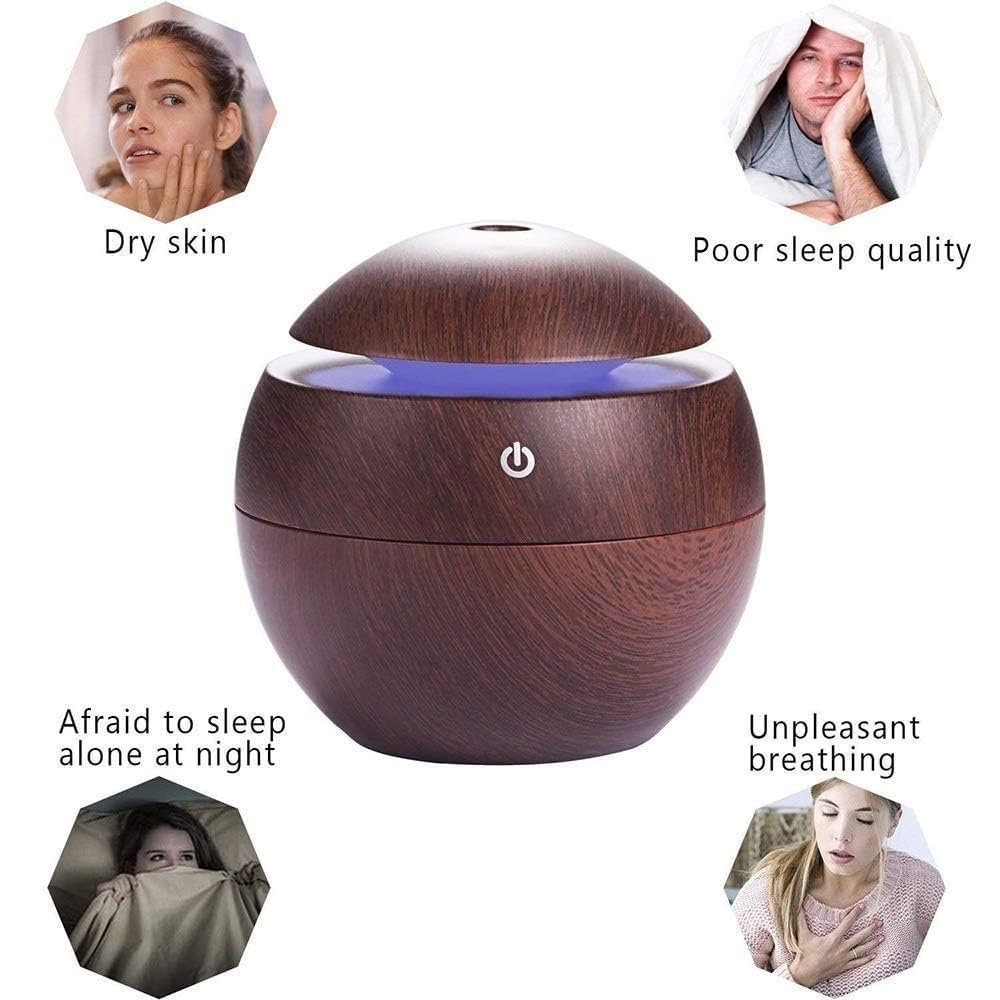 Round Wooden Humidifier Ultrasonic Cool Mist Aroma Diffuser with LED Night Light Portable USB Air Humidifier for Home, Office, Bedroom, Yoga Stylish Wood Grain Design (Multicolor) - Image 6