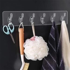 Wall Hanger Hooks for Hanging Clothes Home Kitchen Office Bathroom Bedroom Door, 2 Pack Self Adhesive Strong Hanger Hooks (6 Hooks Hanger, Transparent)