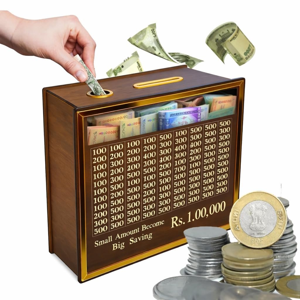 Money Saving Box for Kids and Adults | Wooden Money Bank with Lock | 1 Lakh Saving Box with Numbers | Undiyal Hundi Pig Bank (Medium 100,0000) - Image 7